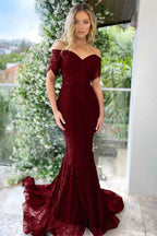 Burgundy Off the Shoulder Short Sleeves Mermaid Prom Dress With Applique