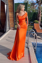 Orange One Shoulder Mermaid Prom Dress with Beadings Ruffles Split BM bride