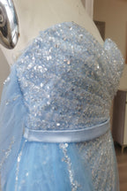 Off-the-Shoulder Sky Blue Prom Dress with Sequins and Slit BM bride