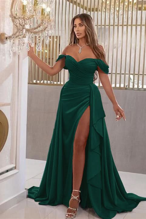 Elegant Sky Blue Off-The-Shoulder Sweetheart Prom Dress with Split Mermaid BM bride