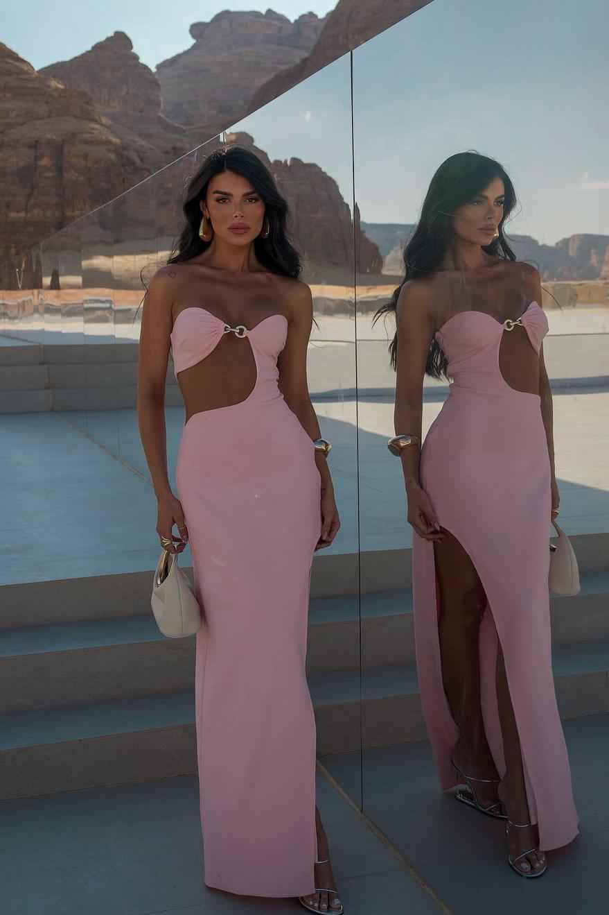 Pink Strapless Sleeveless Mermaid Split Long Prom Dress With Pleated