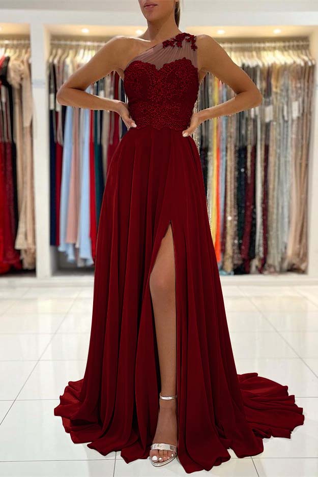 Glamorous One Shoulder Sleeveless Lace Appliques Prom Dress With Front Split BMBRIDE
