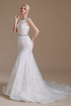 Mermaid Jewel Neck Long Wedding Dress with Tulle Lace BM bride