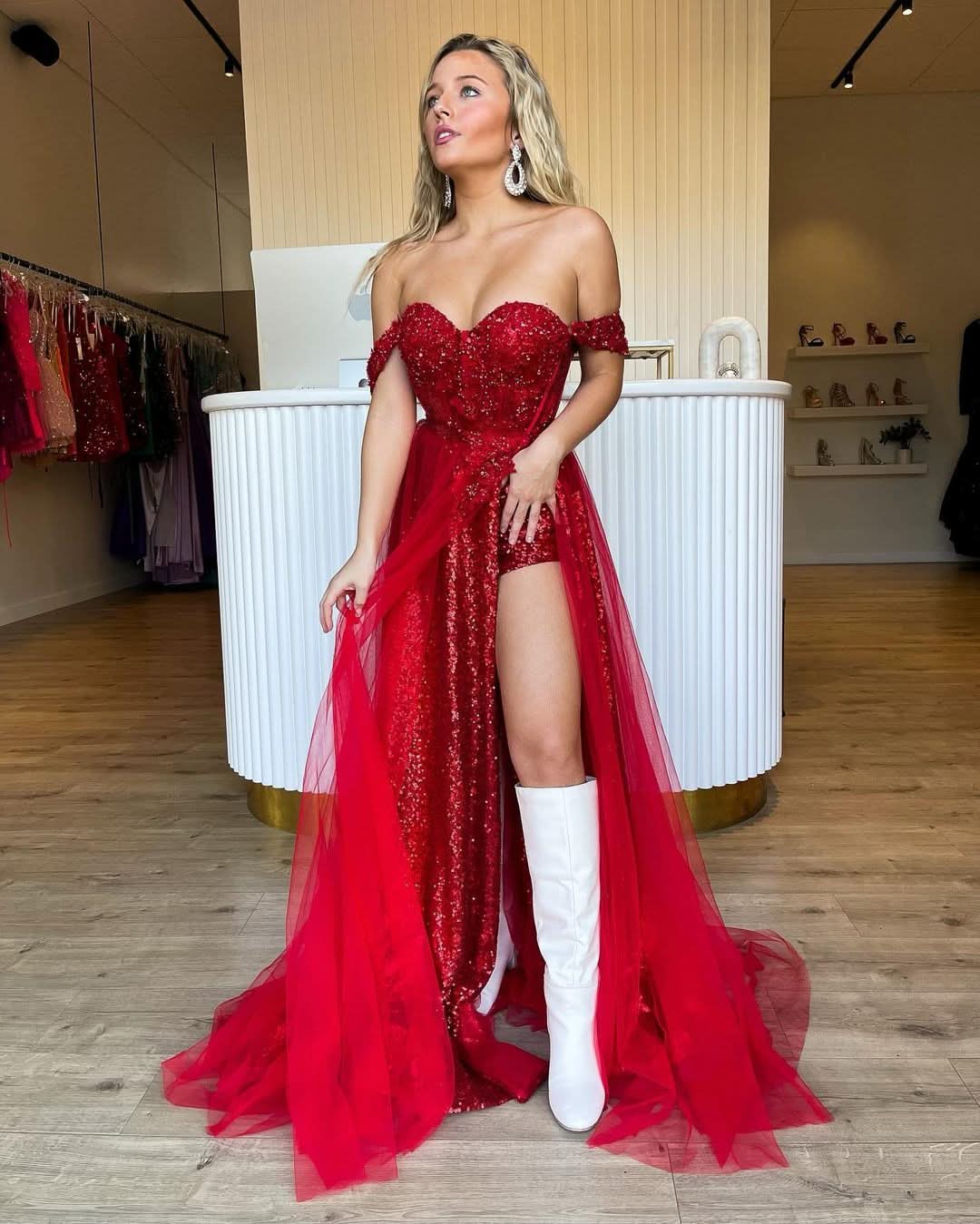 Dazzling Sparkly Two-Piece Off-the-Shoulder Red Sequins Long Prom Dress BM bride