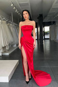 Red Strapless Mermaid Evening Dress Charmeuse with Split BM bride