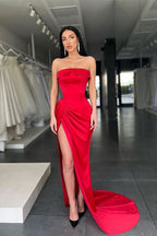 Red Strapless Mermaid Evening Dress Charmeuse with Split BM bride