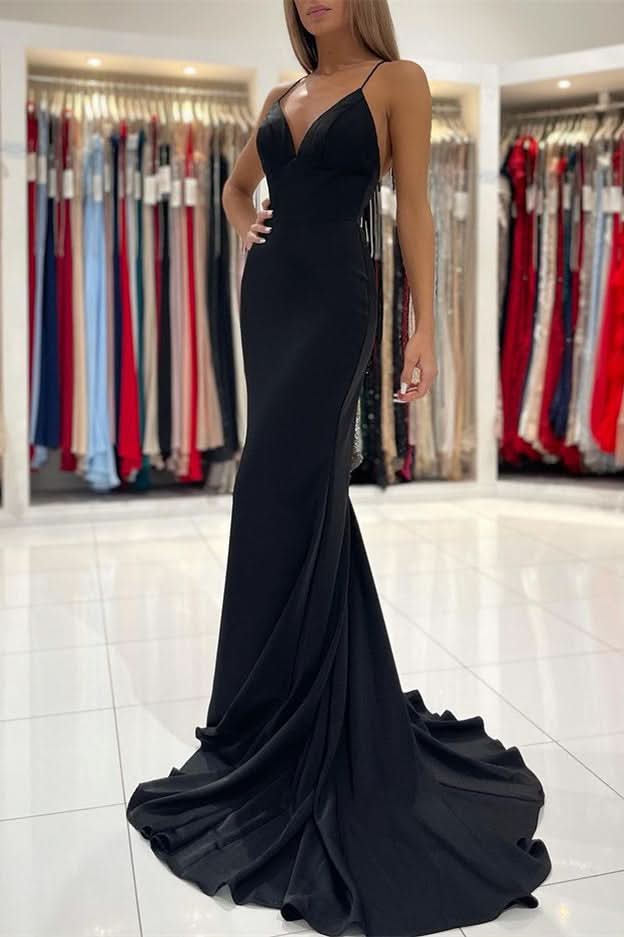 Black Spaghetti-Straps Charmeuse Mermaid Long Prom Dress BM bride