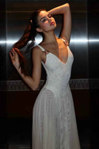 Spaghetti Strap V Neck Sleeveless Long Prom Dress With Pleated
