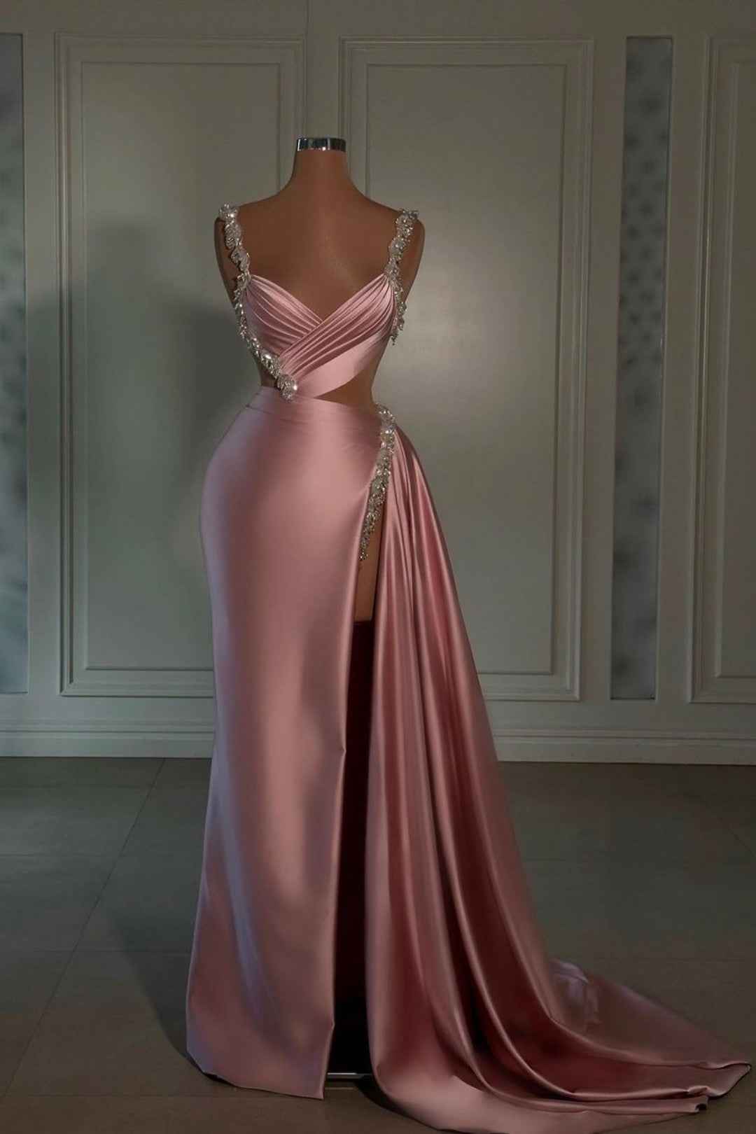 Glamorous Pink Prom Dress Spaghetti Strap With High Slit Trail