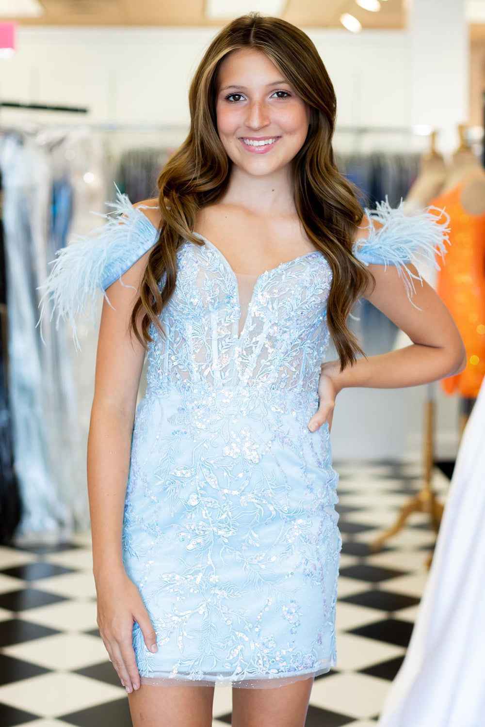 Light Blue Corset Lace Tight Short Homecoming Dress with Feathers