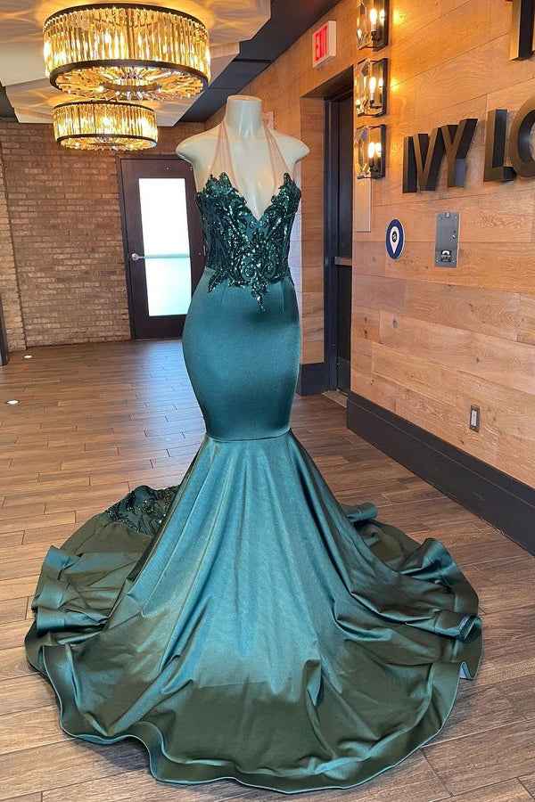 Sleeveless Halter Mermaid Unique Prom Dress Appliques With Beads