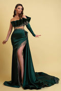 Dark Green Long Sleeves Charmeuse Prom Dress with Tassel High Slit Trail BM bride