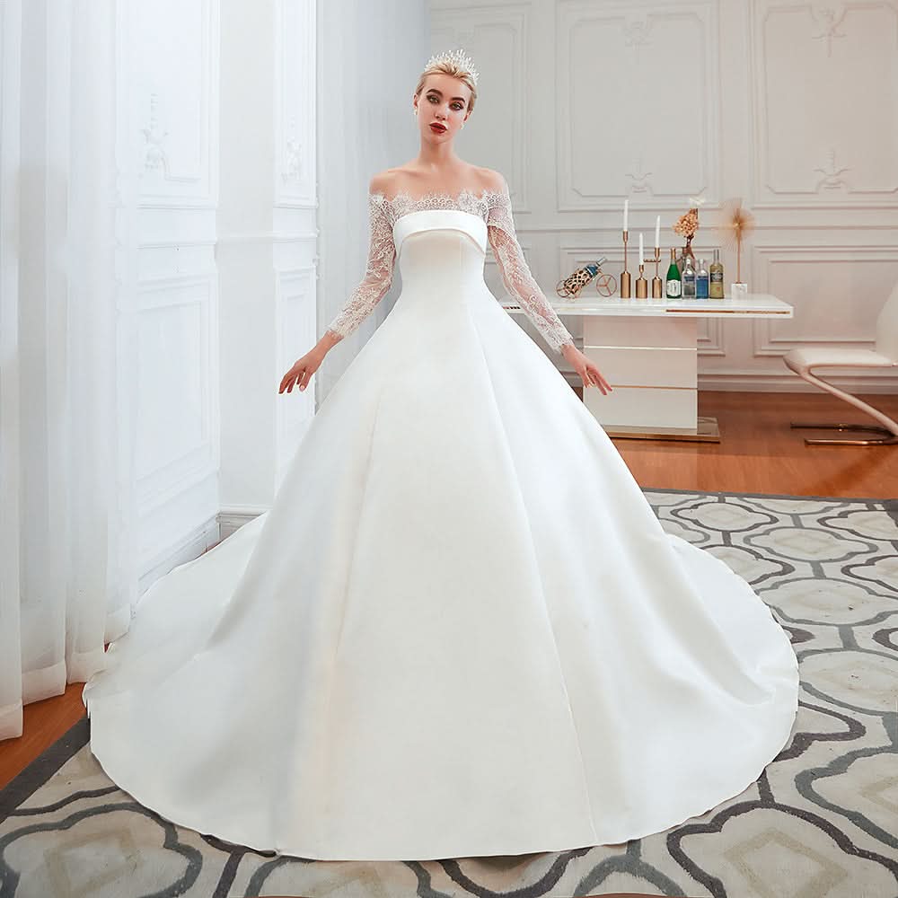 Stunning Off-the-Shoulder Long Sleeve A-Line Satin Wedding Dress with Lace BM bride