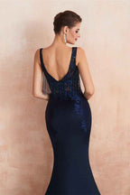 Gorgeous Navy Blue Sleeveless Jewel Neck Mermaid Prom Dress Lace With Tassels Rhinestone