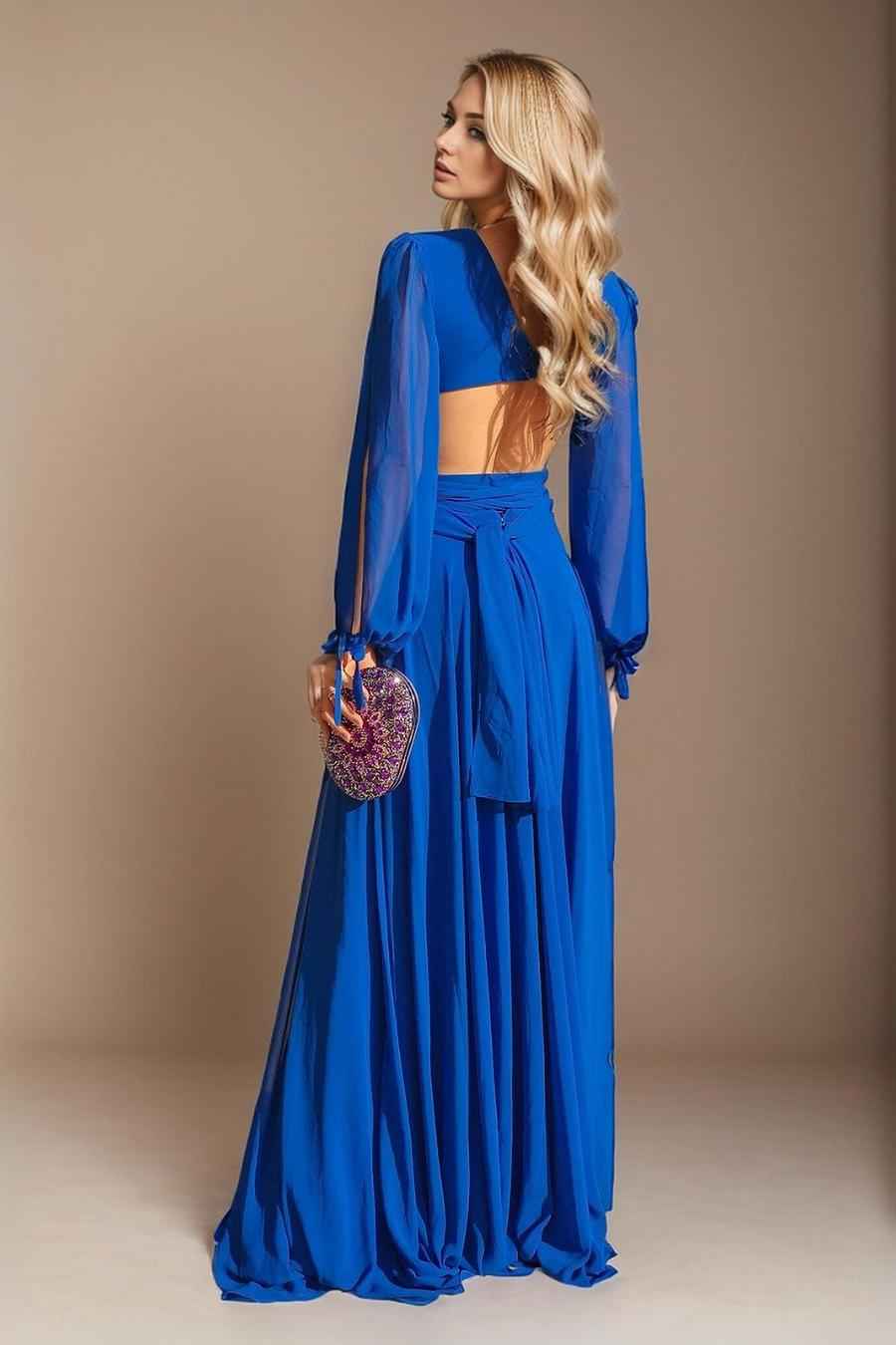 Royal blue Long Sleeves V Neck Long Prom Dress With Ruffles