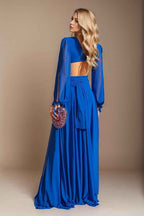 Royal blue Long Sleeves V Neck Long Prom Dress With Ruffles