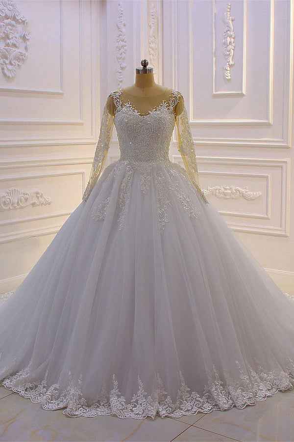 Bateau Long Sleeve Lace A-Line Wedding Dress with Pearls and Tulle Appliques BM bride