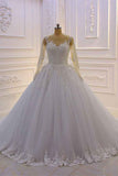 Bateau Long Sleeve Lace A-Line Wedding Dress with Pearls and Tulle Appliques BM bride