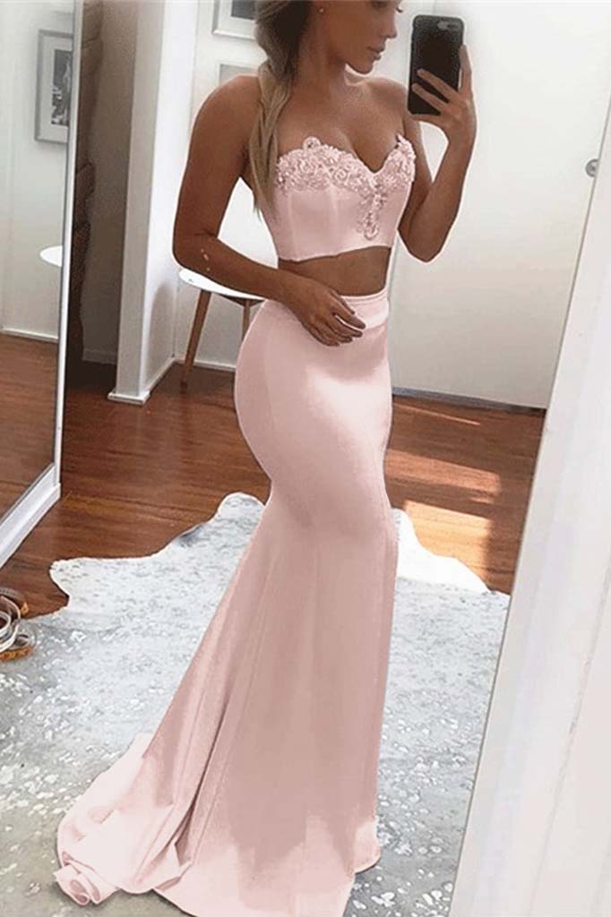 Two Pieces White Sweetheart Sleeveless Long Mermaid Prom Dress With Appliques BMBRIDE