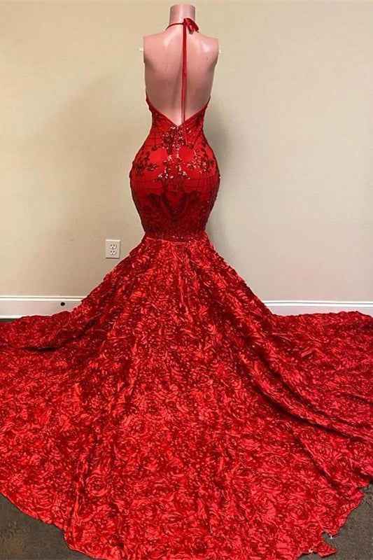 Spaghetti Strap Halter Sleeveless V Neck Mermaid Red Prom Dress Sequins