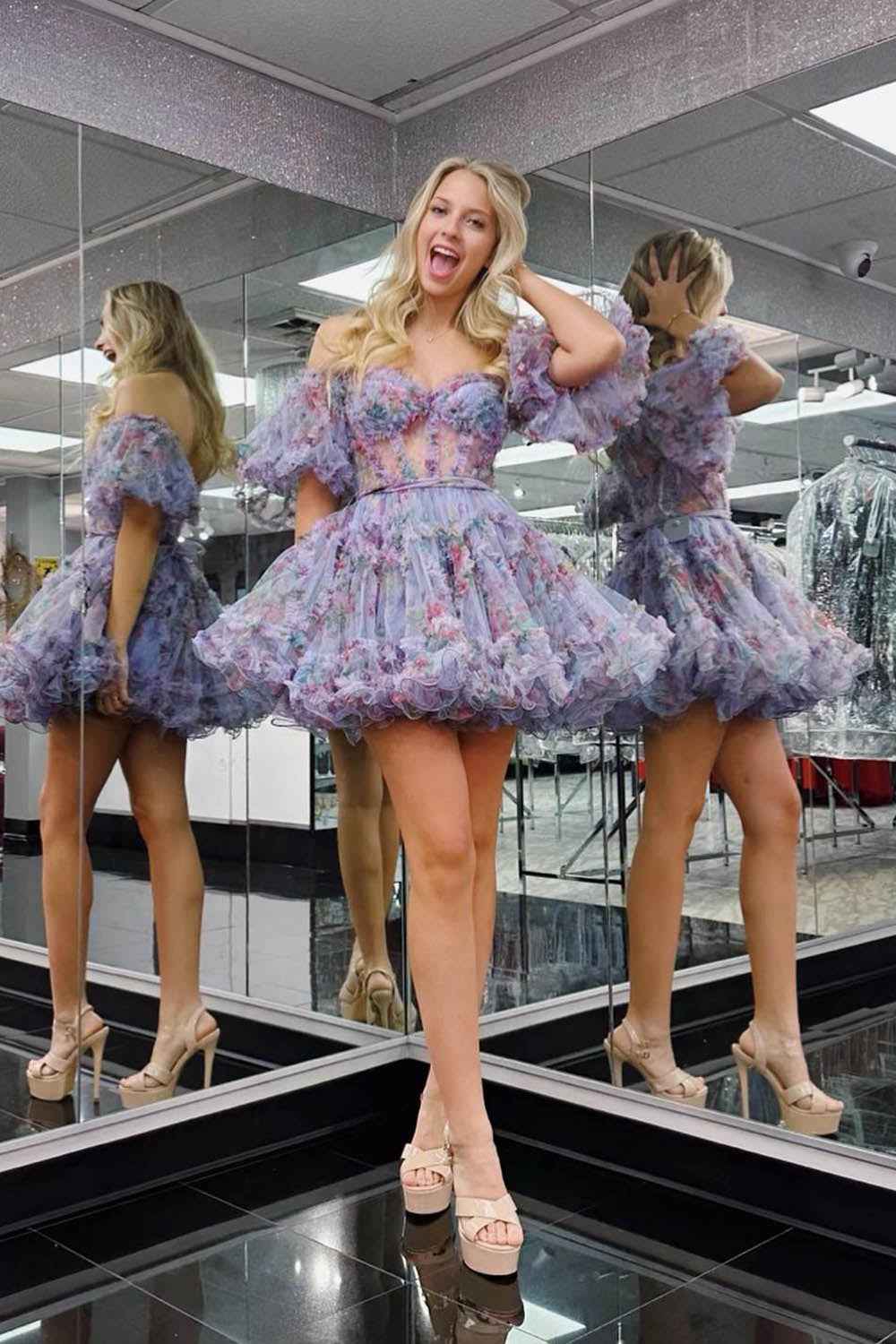 Purple Floral Off the Shoulder A-Line Short Homecoming Dress Bmbride