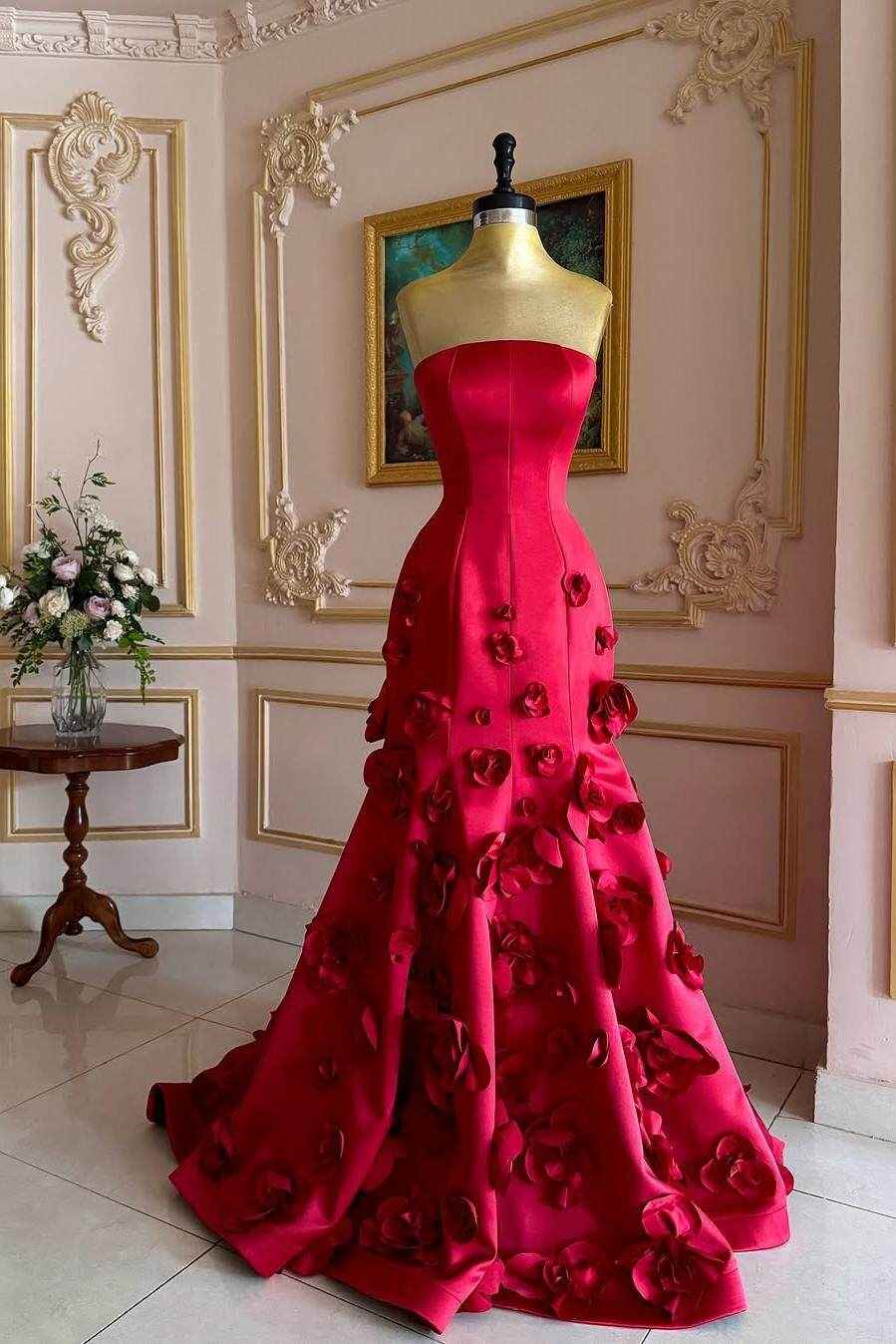 Sleeveless Strapless Long Mermaid Prom Dress With Flower Appliques