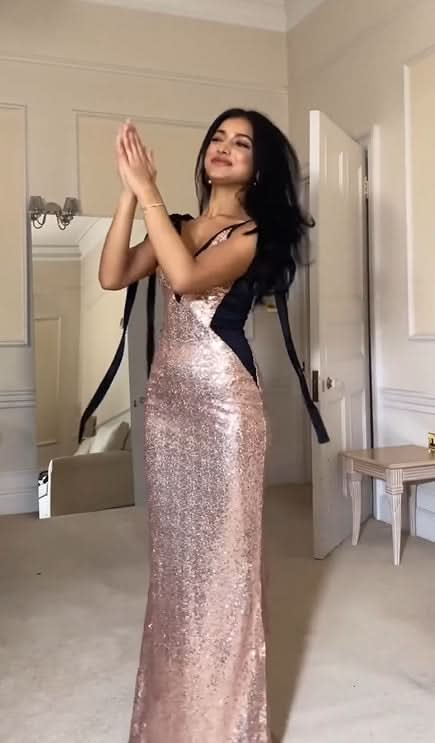 Dusty Pink Long V-Neck Sequin Prom Dress BM bride