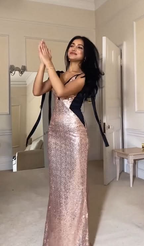 Dusty Pink Long V-Neck Sequin Prom Dress BM bride
