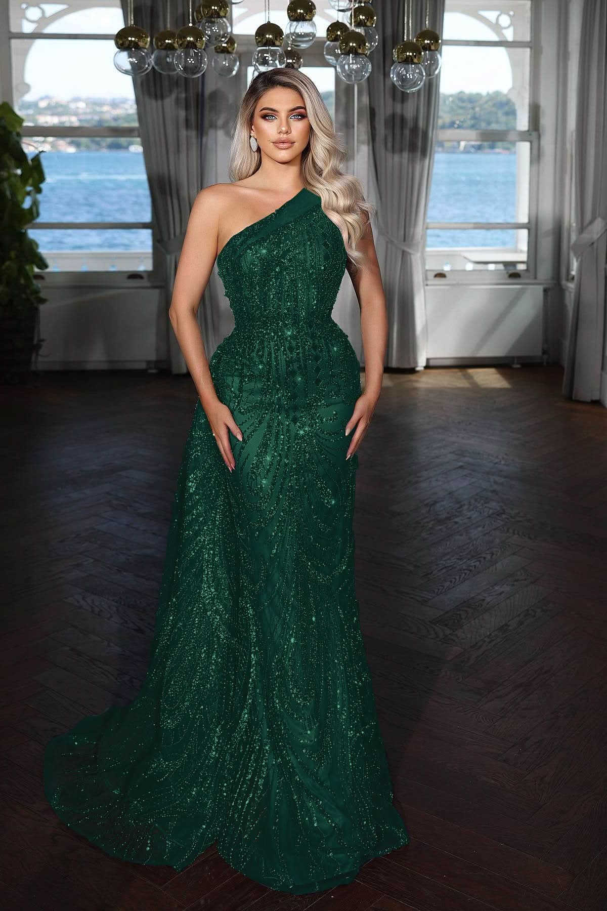 Elegant Dark Blue One Shoulder Mermaid Evening Dress with Sequins Applique BM bride