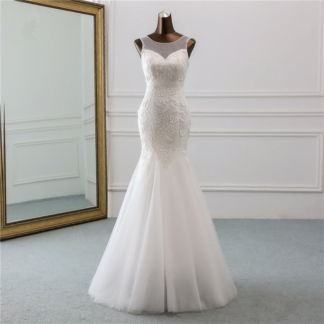 Jewel Neck Backless Long Mermaid Wedding Dress with Tulle Lace BM bride