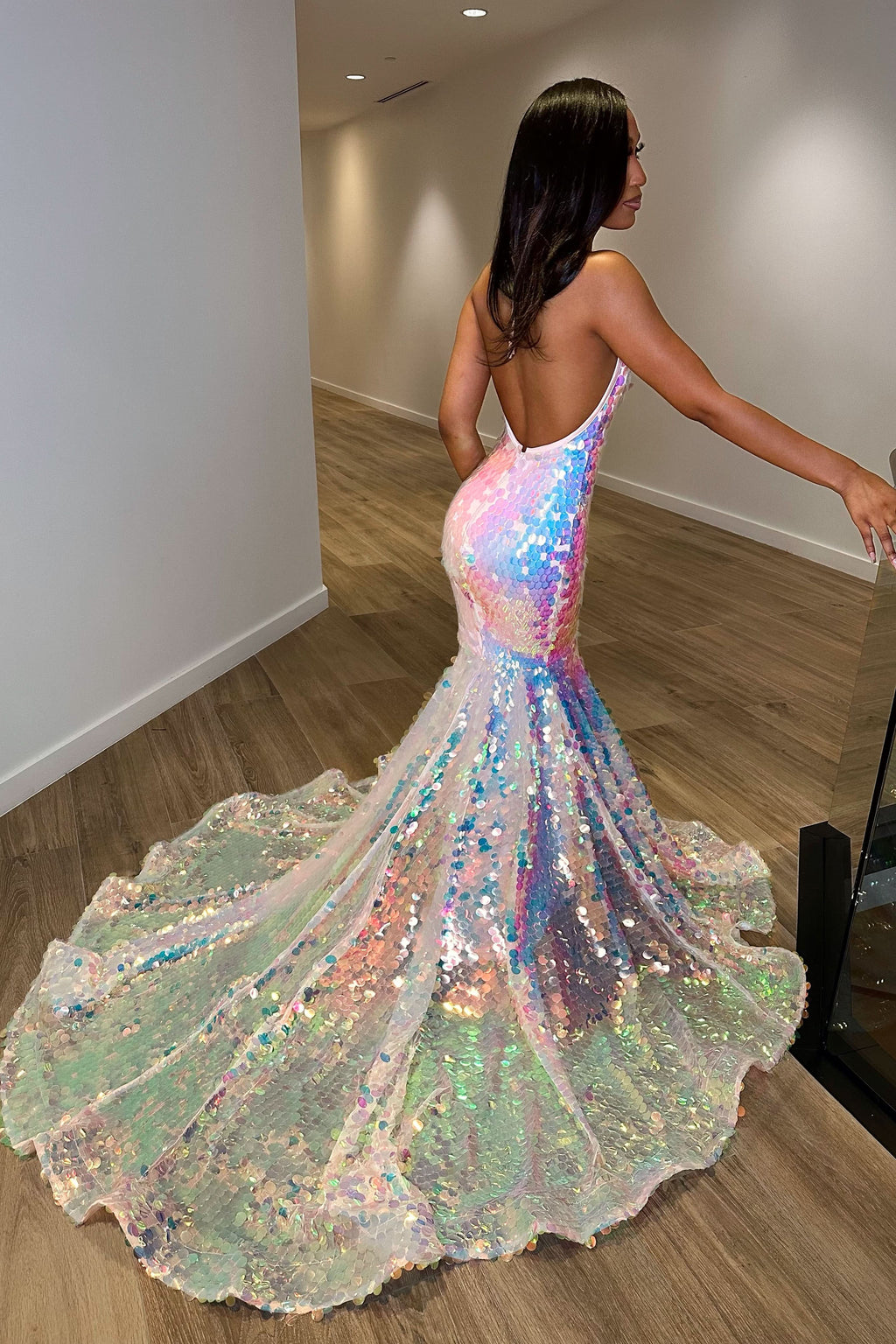 Sequins Halter V Neck Mermaid Evening Dress with Tulle BM bride
