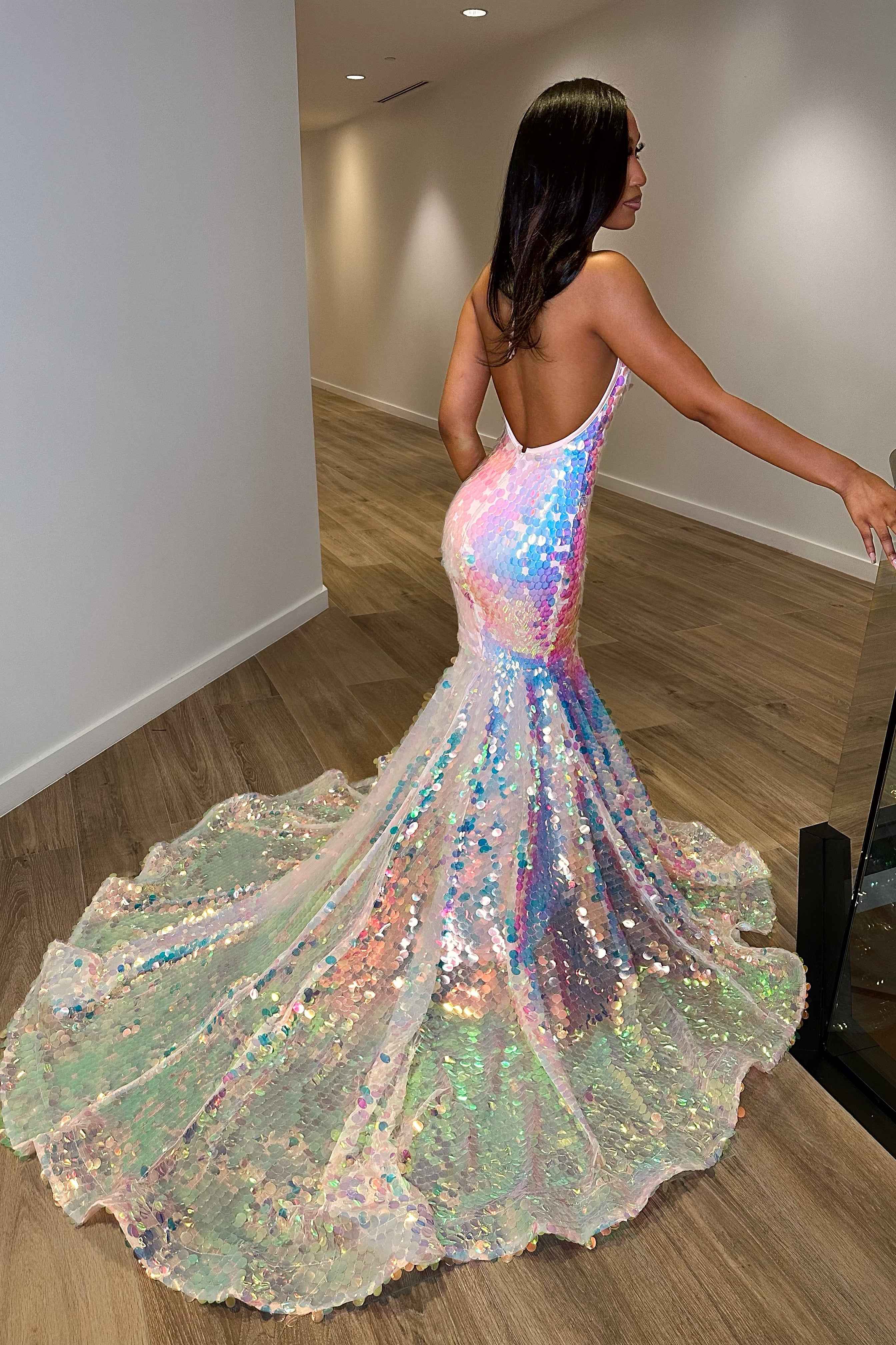 Shining Sequins Halter Deep V Neck Sleeveless Backless Long Mermaid Prom Dress