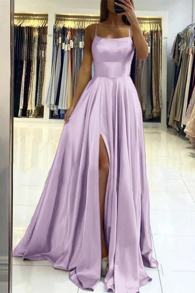 Pink Spaghetti Strap Sleeveless Backless Long Prom Dress With Front Split BMBRIDE
