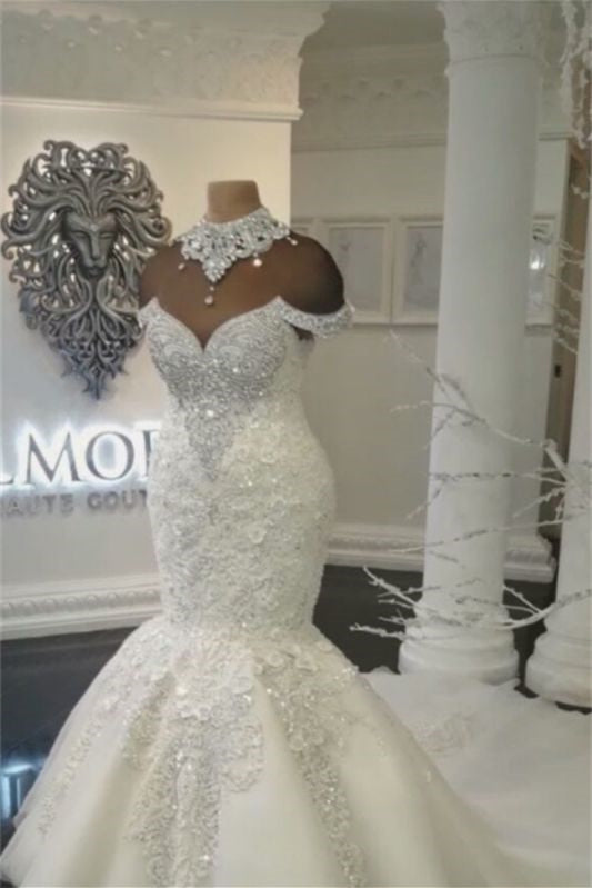 High Collar Off-the-Shoulder Beaded Mermaid Wedding Dress with Lace Appliques BM bride