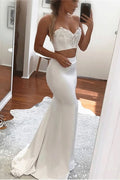 Two Pieces White Sweetheart Sleeveless Long Mermaid Prom Dress With Appliques BMBRIDE
