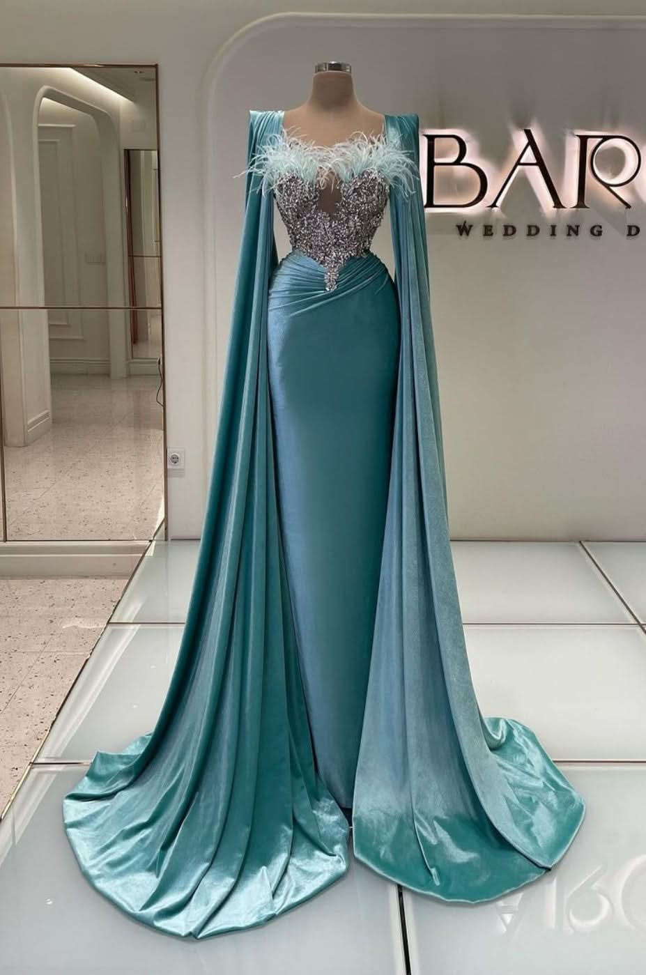 Sky Blue Evening Dress Feather Long Sleeves with Beadings Mermaid Appliques BM bride
