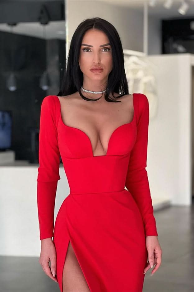 Red Sweetheart Long Sleeves Mermaid Prom Dress with Split BM bride