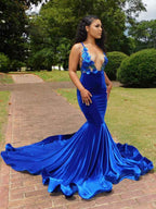 Elegant V Neck Spaghetti Strap Sleeveless Blue Mermaid Long Prom Dress