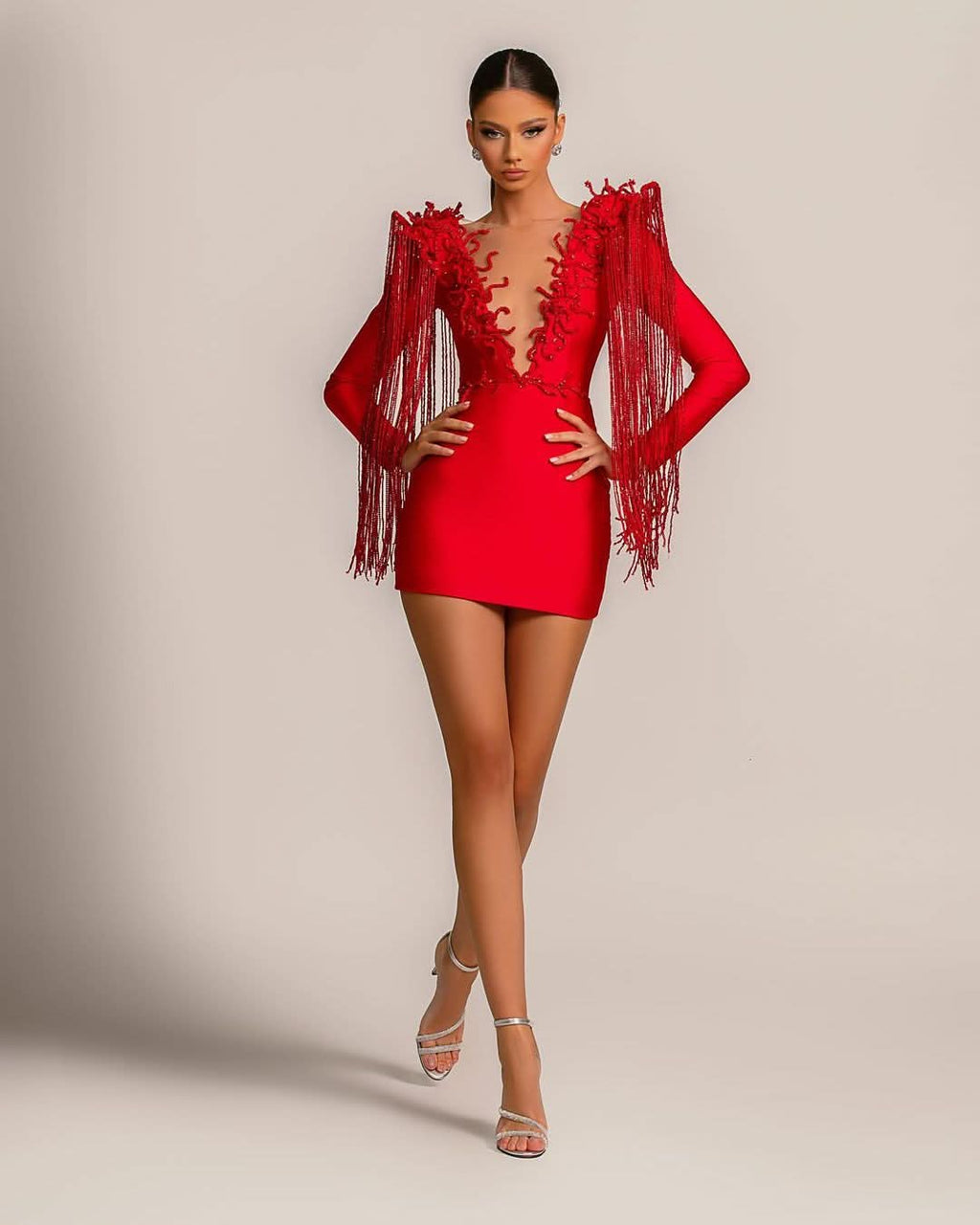 Evening Dress Short Red V-Neck Tassel Sexy Long Sleeves BM bride