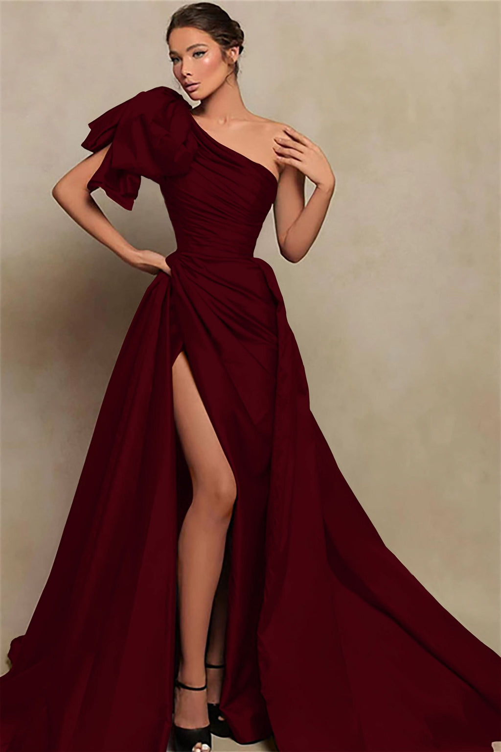 Vintage Burgundy One-Shoulder Mermaid Prom Dress with Slit BM bride