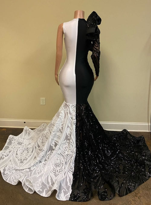 Black and White Long Sleeves Lace Sequin Mermaid Prom Dress BMBRIDE