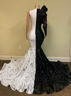 Black and White Lace Long Sleeve Appliques Mermaid Prom Dress With Sequins