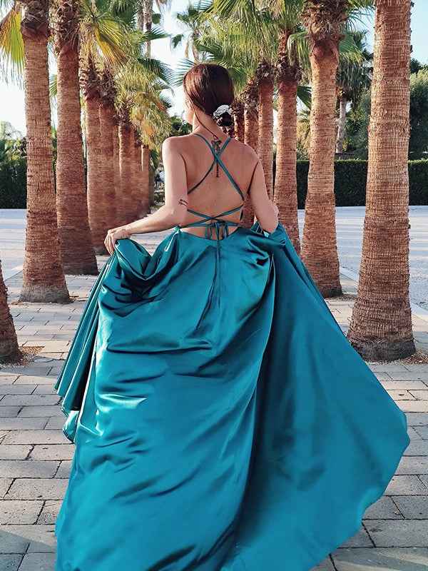 Spaghetti Strap Sleeveless Backless Dark Green A Line Prom Dress With Split