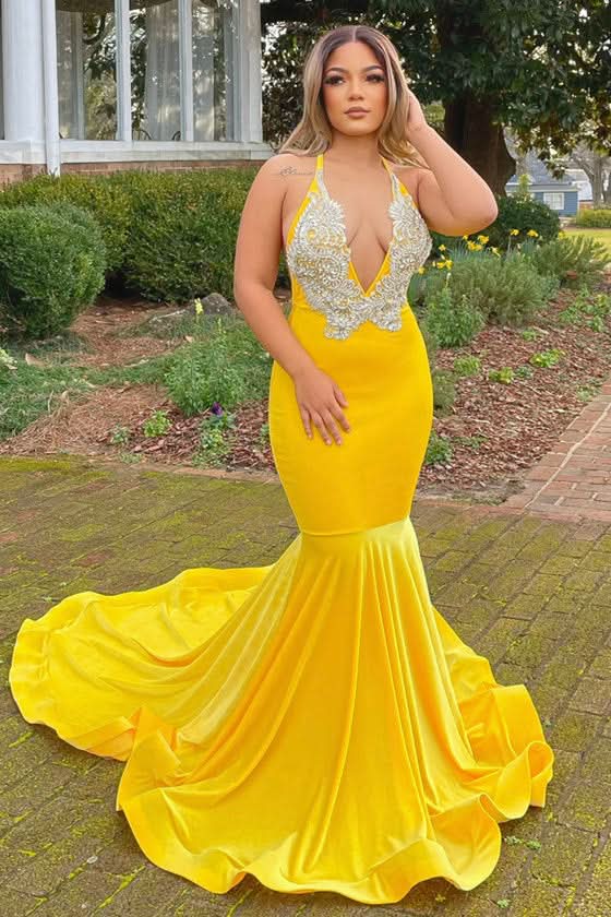 Yellow Halter V-Neck Mermaid Prom Dress with Applique BM bride