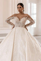 Bateau Neck Long Sleeve Ball Gown Wedding Dress with Applique BM bride