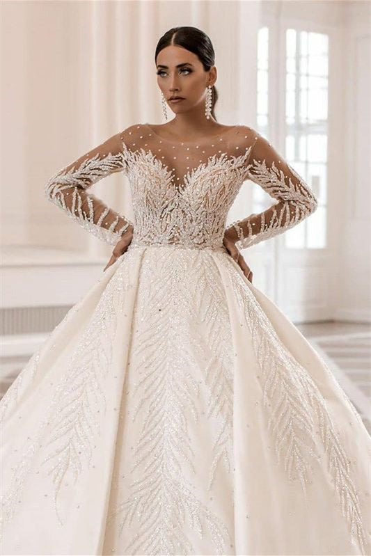 Bateau Neck Long Sleeve Ball Gown Wedding Dress with Applique BM bride