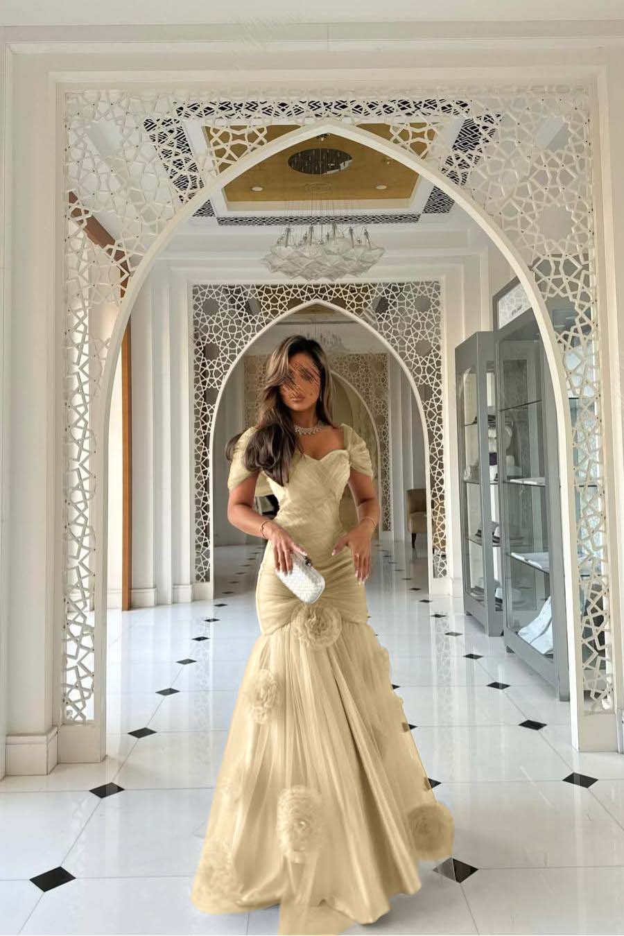 Sweetheart Short Sleeves Long Mermaid Prom Dress With Pleated BMBRIDE