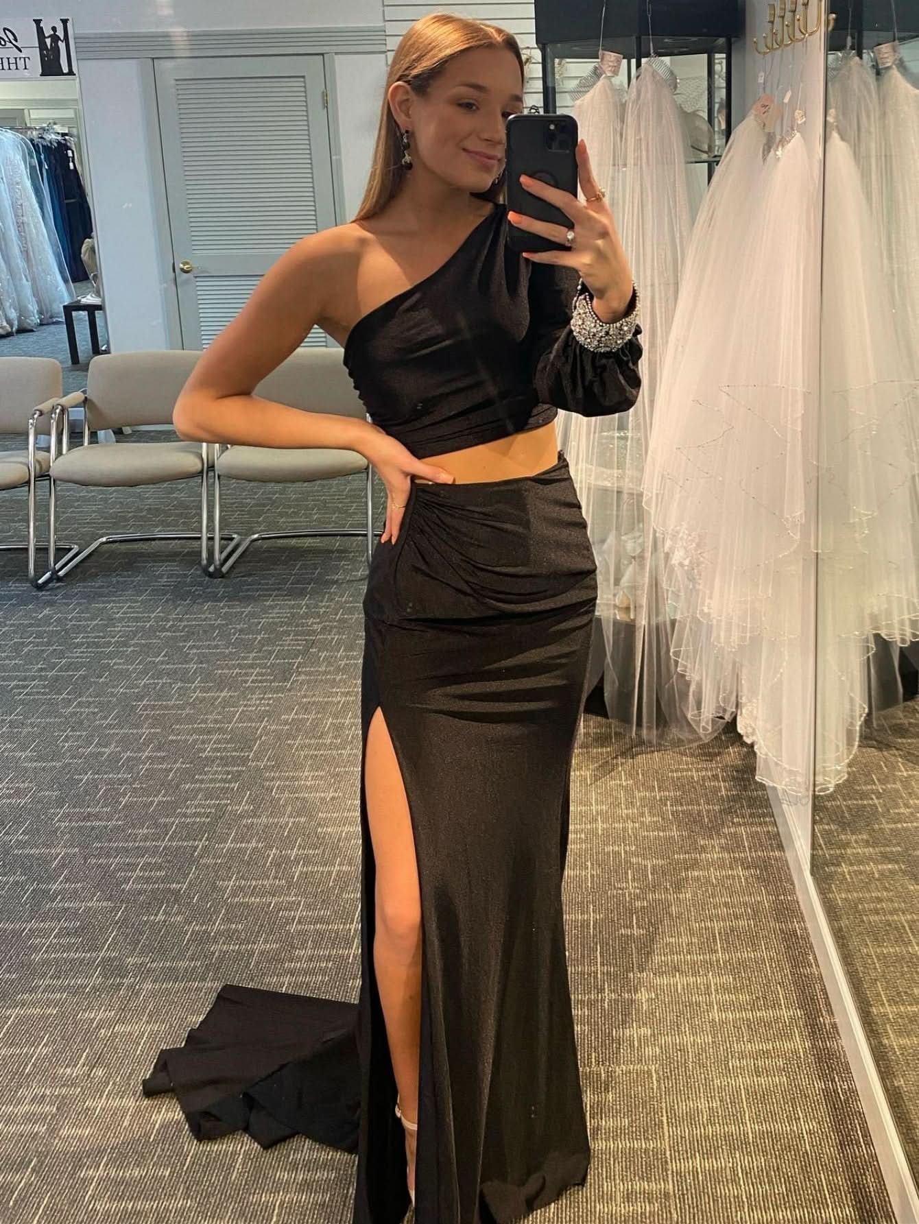 Gorgeous Satin Mermaid One Shoulder Two-Piece Set Black Long Prom Dress BM bride