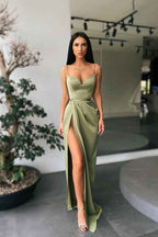 Mermaid Spaghetti Strap Sleeveless Pleated Long Prom Dress With High Split