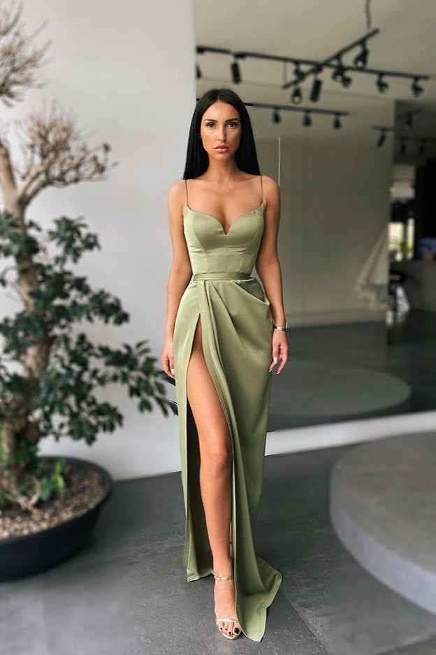 Mermaid Spaghetti Strap Sleeveless Pleated Long Prom Dress With High Split